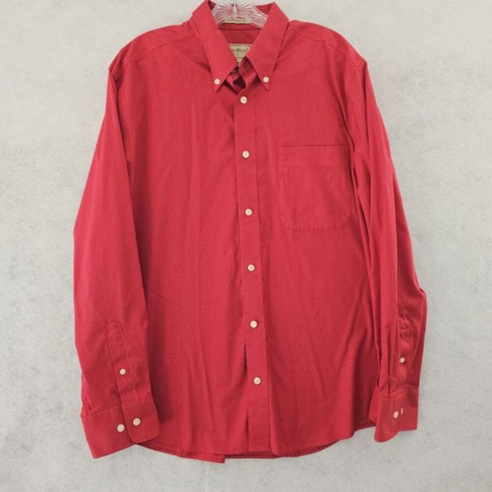 Eddie Bauer Wrinkle-Resistant Men’s L Red White Pin Stripe Button Down Shirt‎